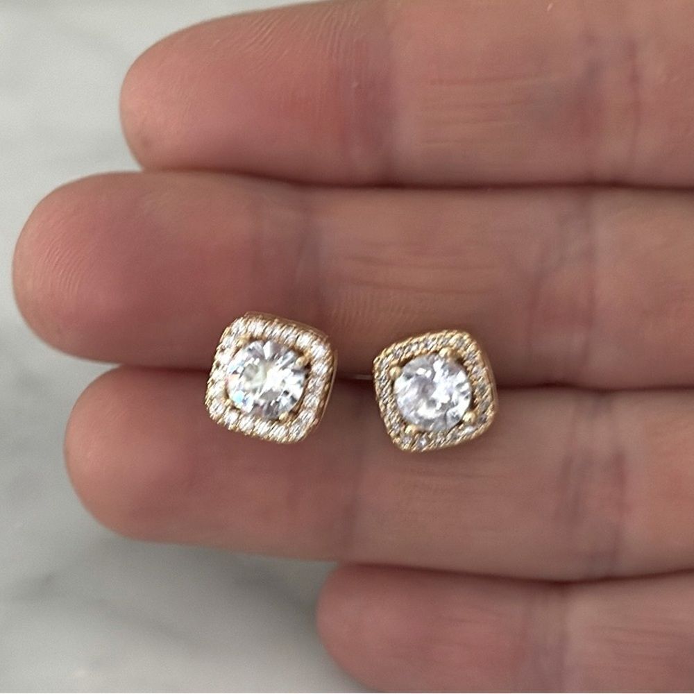 14k Gold Plated CZ Stud Earrings with Pavé Cushion Halo